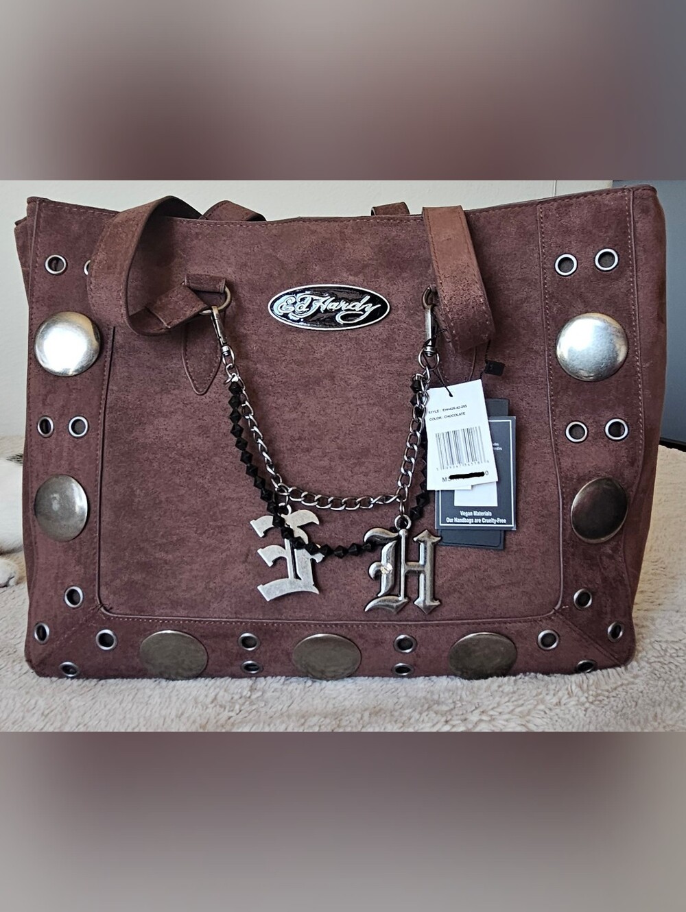 Ed Hardy Brown Suede-Look Tote with Silver Studs & Chain Charm